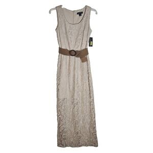 Jessica Howard Dress Womens 10 Beige Sleeveless Lace Belted Maxi Elegant Formal